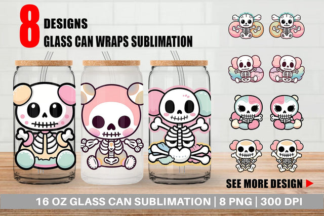 Glass Can Wrap Cute Skeleton Sublimation artnoy 