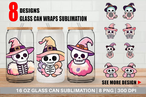 Glass Can Wrap Cute Skeleton Witch Sublimation artnoy 