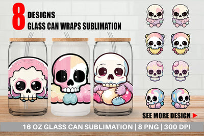 Glass Can Wrap Cute Skull Sublimation artnoy 