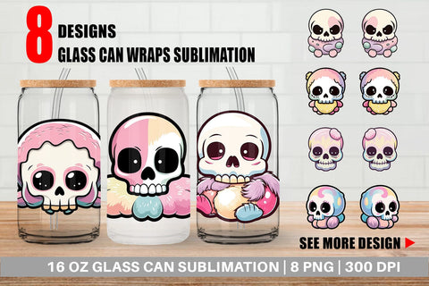 Glass Can Wrap Cute Skull Sublimation artnoy 