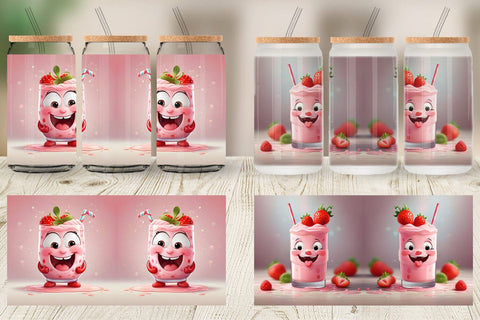 Glass Can Wrap Cute Strawberry Milkshake Sublimation artnoy 