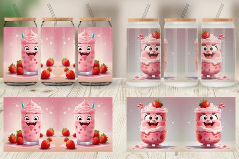 Glass Can Wrap Cute Strawberry Milkshake Sublimation artnoy 