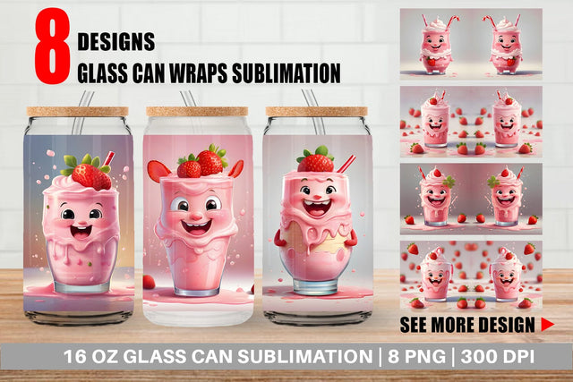Glass Can Wrap Cute Strawberry Milkshake Sublimation artnoy 