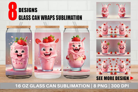 Glass Can Wrap Cute Strawberry Milkshake Sublimation artnoy 