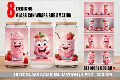 Glass Can Wrap Cute Strawberry Milkshake Sublimation artnoy 