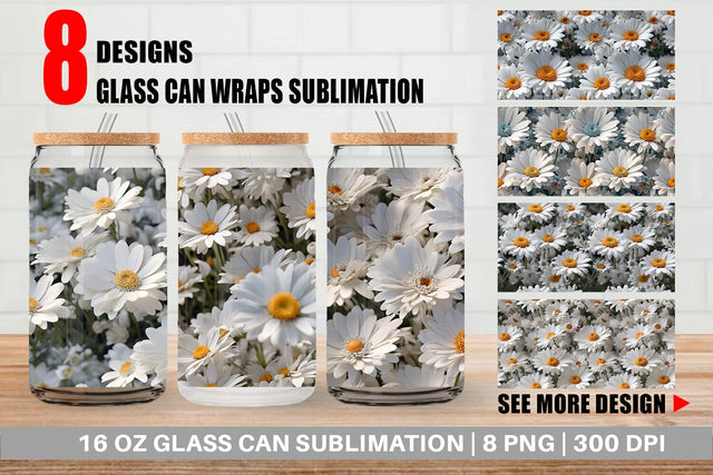 Glass Can Wrap Daisies Flower Pattern Sublimation artnoy 