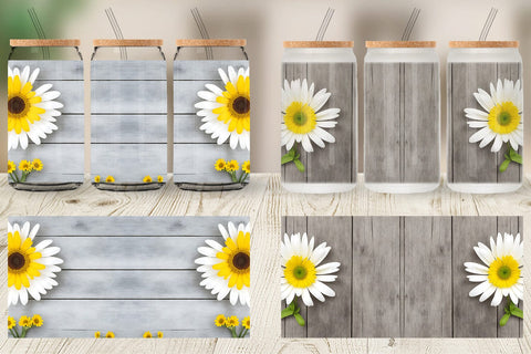 Glass Can Wrap Daisy Flower and Wood Sublimation artnoy 