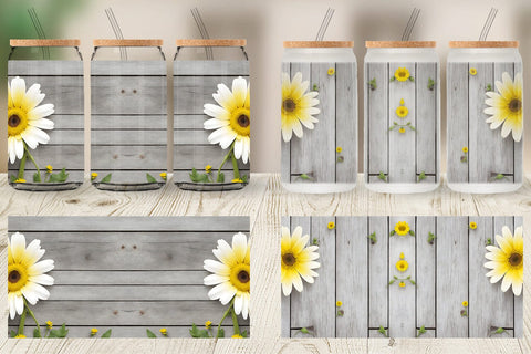 Glass Can Wrap Daisy Flower and Wood Sublimation artnoy 