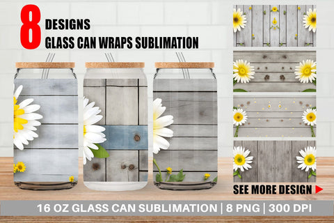 Glass Can Wrap Daisy Flower and Wood Sublimation artnoy 