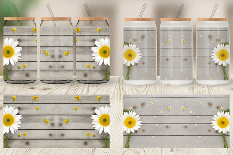 Glass Can Wrap Daisy Flower and Wood Sublimation artnoy 