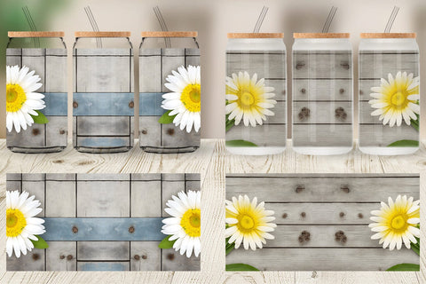 Glass Can Wrap Daisy Flower and Wood Sublimation artnoy 