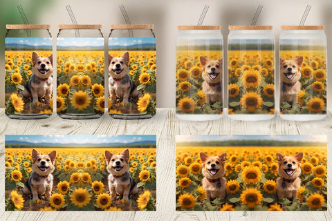Glass Can Wrap Dog and Sunflowers Sublimation artnoy 