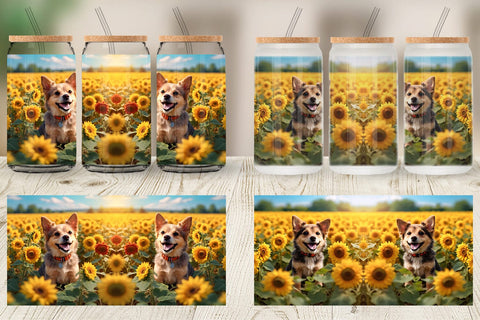 Glass Can Wrap Dog and Sunflowers Sublimation artnoy 