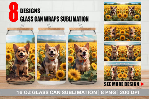 Glass Can Wrap Dog and Sunflowers Sublimation artnoy 