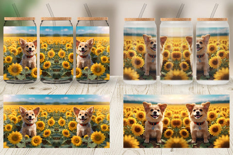Glass Can Wrap Dog and Sunflowers Sublimation artnoy 