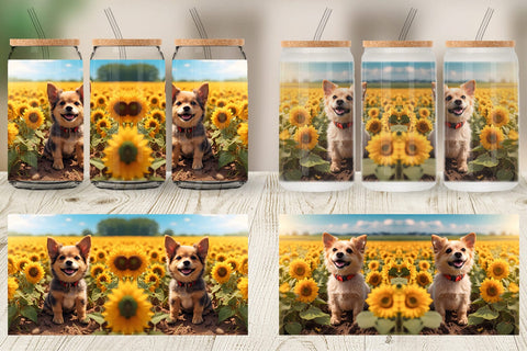 Glass Can Wrap Dog and Sunflowers Sublimation artnoy 