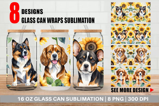 Glass Can Wrap Dog With Sunflowers Sublimation artnoy 
