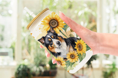 Glass Can Wrap Dog With Sunflowers Sublimation artnoy 