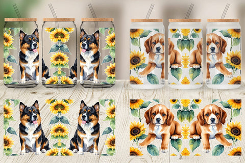Glass Can Wrap Dog With Sunflowers Sublimation artnoy 