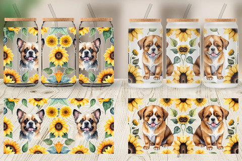 Glass Can Wrap Dog With Sunflowers Sublimation artnoy 