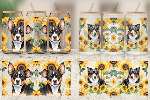 Glass Can Wrap Dog With Sunflowers Sublimation artnoy 