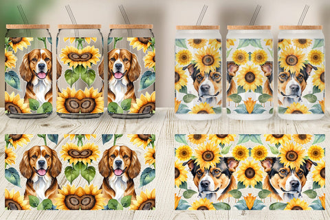 Glass Can Wrap Dog With Sunflowers Sublimation artnoy 