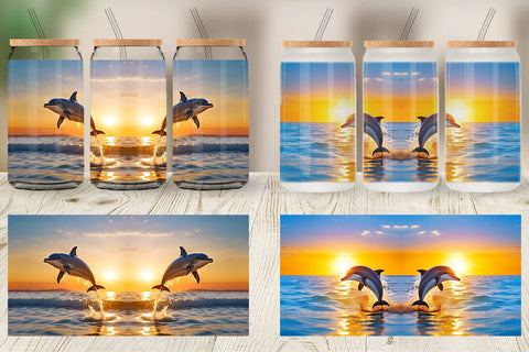 Glass Can Wrap Dolphins and Sunset Sublimation artnoy 