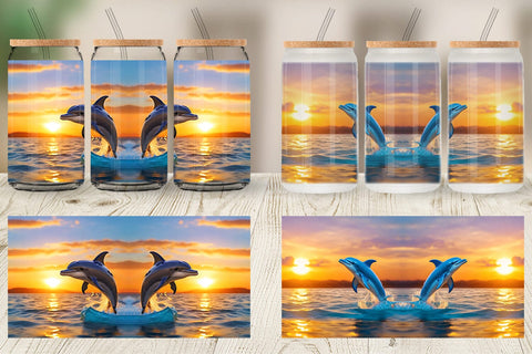 Glass Can Wrap Dolphins and Sunset Sublimation artnoy 