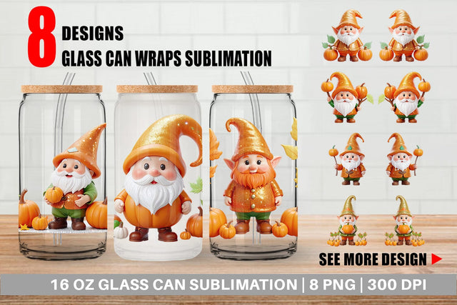 Glass Can Wrap Fall Gnome Sublimation artnoy 