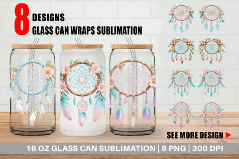 Glass Can Wrap Floral Dreamcatcher Sublimation artnoy 
