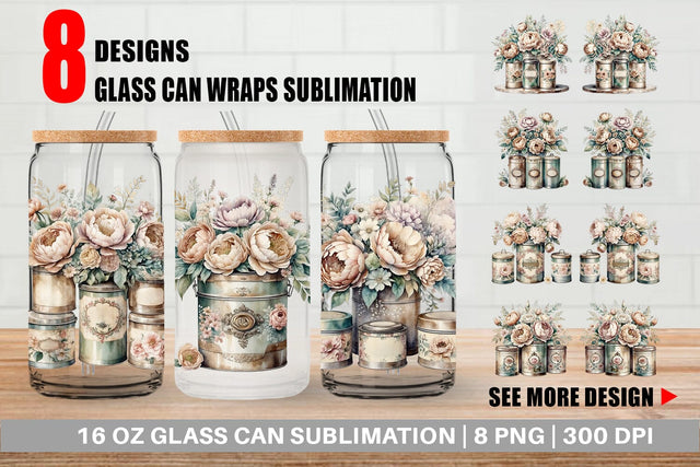 Glass Can Wrap Floral Metal Tin Sublimation artnoy 