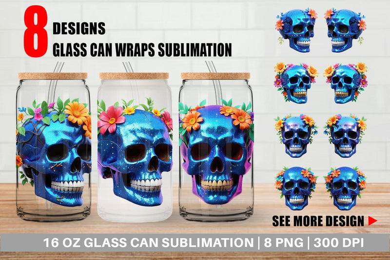 Glass Can Wrap Floral Skull Sublimation artnoy 
