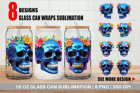 Glass Can Wrap Floral Skull Sublimation artnoy 