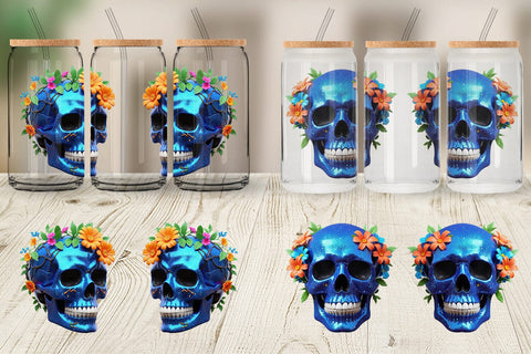 Glass Can Wrap Floral Skull Sublimation artnoy 