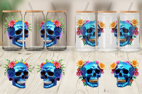 Glass Can Wrap Floral Skull Sublimation artnoy 