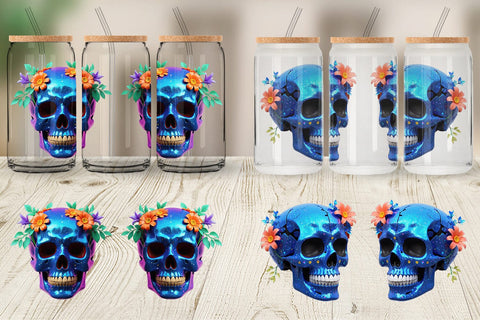 Glass Can Wrap Floral Skull Sublimation artnoy 