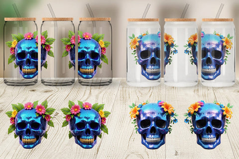 Glass Can Wrap Floral Skull Sublimation artnoy 