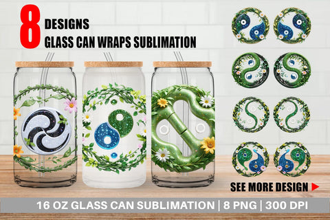 Glass Can Wrap Floral Yin-Yang Sublimation artnoy 