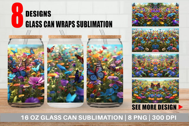 Glass Can Wrap Flower and Butterfly Sublimation artnoy 