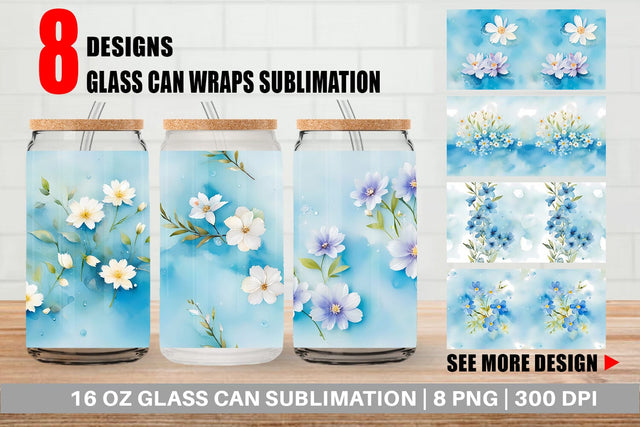 Glass Can Wrap Flower Pattern Watercolor Sublimation artnoy 