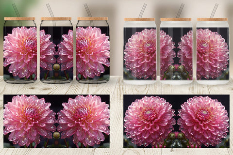 Glass Can Wrap Flower Pink Dahlia Glitter Sublimation artnoy 