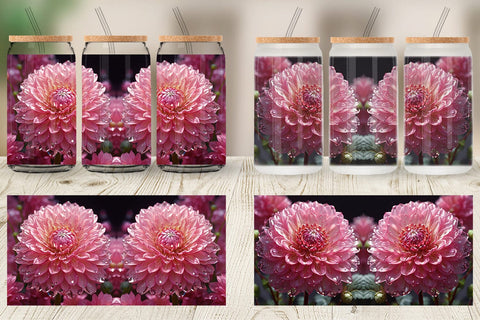 Glass Can Wrap Flower Pink Dahlia Glitter Sublimation artnoy 