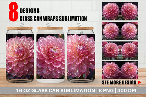 Glass Can Wrap Flower Pink Dahlia Glitter Sublimation artnoy 