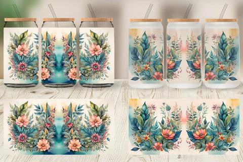 Glass Can Wrap Flower Plant Watercolor Sublimation artnoy 