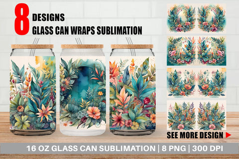 Glass Can Wrap Flower Plant Watercolor Sublimation artnoy 
