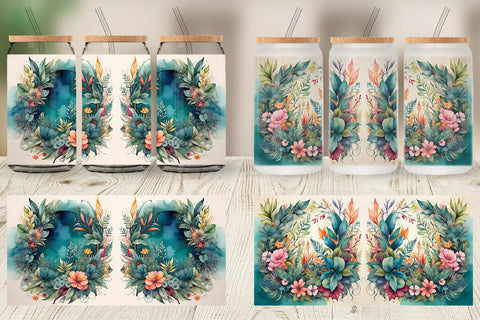 Glass Can Wrap Flower Plant Watercolor Sublimation artnoy 