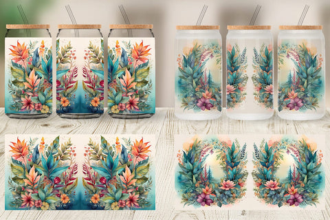 Glass Can Wrap Flower Plant Watercolor Sublimation artnoy 