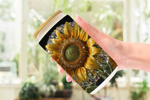 Glass Can Wrap Flower Sunflower Glitter Sublimation artnoy 