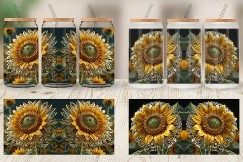 Glass Can Wrap Flower Sunflower Glitter Sublimation artnoy 