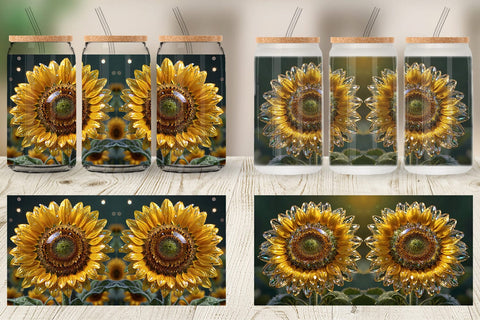 Glass Can Wrap Flower Sunflower Glitter Sublimation artnoy 